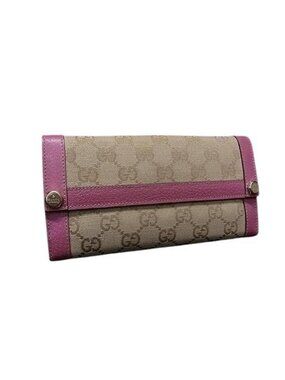 Gucci Wallet GG Canvas Brown Pink Hook Bifold Gold